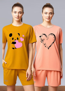 attirea women graphic print round neck polyester yellow pink t-shirt