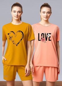 attirea graphic print women round neck yellow pink t-shirt