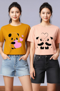 attirea pack of 2 women graphic print round neck polyester yellow pink t-shirt