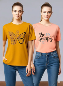 attirea women graphic print round neck polyester yellow pink t-shirt