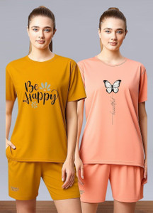 attirea women graphic print round neck polyester yellow pink t-shirt
