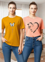 Attirea Pack of 2 Women Graphic Print Round Neck Polyester Yellow, Pink T-Shirt