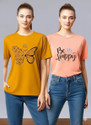 Attirea Women Graphic Print Round Neck Polyester Yellow, Pink T-Shirt