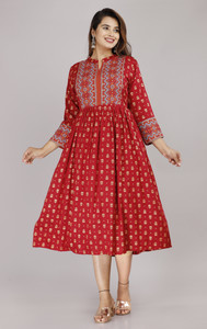 attirezilla printed geometric print viscose rayon anarkali kurta for women maroon