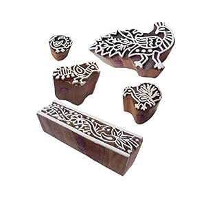 attractive pattern border and peacock wood print blocks set of 5