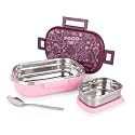 Attro Food Time Stainless Steel Lunch Box, Airtight &amp; Leak Proof - 2 Containers with Spoon (Big 750 Ml &amp; Small 250 Ml) for Office Use, School, Picnic - Purple &amp; Pink