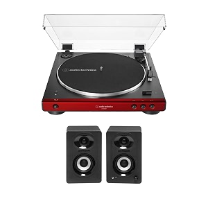 audio-technica at-lp60xbt bluetooth fully automatic stereo turntable red bundle with bluetooth studio monitors - pair 2 items