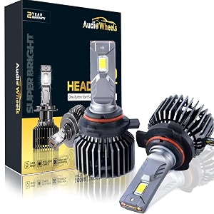 audio wheels 9005 led headlight bulbs  160w high-performance lighting 16000 lumens brightness 6000k cool white glow for maximum visibility and quick installation