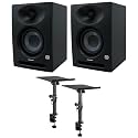 Audiosavings Bundle: (2) Eris Studio 4 Powered Active 4.5" Studio Monitor Speakers w/EBM Waveguide Bundle with Rockville DMS75 Pair Studio Monitor Speaker Stands, Desk Clamp, 15-Degree Tilt (3 Items)
