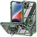 for iPhone 15 Case with Screen Protector,Crystal Clear Anti-Yellow Heavy Duty Acrylic Protective Phone Cover with Magnetic Kickstand 6.1",Green