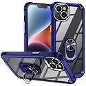 for iPhone 15 Case with Screen Protector,Crystal Clear Anti-Yellow Heavy Duty Acrylic Protective Phone Cover with Magnetic Kickstand 6.1",Blue