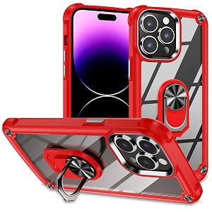 for iphone 15 pro case with screen protectorcrystal clear anti-yellow heavy duty acrylic protective phone cover with magnetic kickstand 6134red