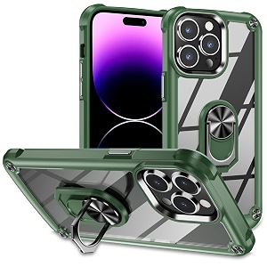 for iphone 15 pro case with screen protectorcrystal clear anti-yellow heavy duty acrylic protective phone cover with magnetic kickstand 6134green
