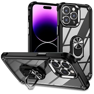 for iphone 15 pro case with screen protectorcrystal clear anti-yellow heavy duty acrylic protective phone case with magnetic kickstand 6134black