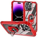 for iPhone 15 Pro Case with Screen Protector,Crystal Clear Anti-Yellow Heavy Duty Acrylic Protective Phone Cover with Magnetic Kickstand 6.1",Red