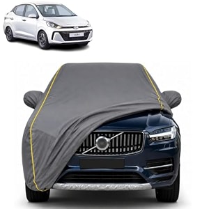 aura 100 waterproof car cover  dustproof sun protection cover  soft cotton lining  triple stitched  mirror pocket  antenna pocket  all weather body cover grey with yellow piping