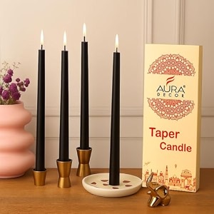 auradecor taper candles pack  dinner candle  celebration candles  10 inch candles  dripless  smokeless candle  burnng time 8 hours pack of 12 black