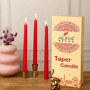 auradecor taper candles pack  dinner celebration candles  10 inch candles  dripless  smokeless candle  burnng time 8 hours pack of 12 red