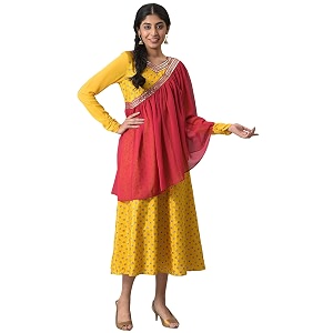 Aurelia Yellow Zari Embroidered Dress with Pink