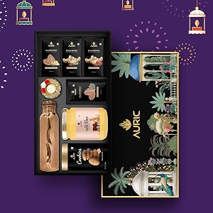 auric copper elegance diwali gift hamper  100 pure copper bottles with crunchy flavored almonds and cashews  healthy snacks with a2 bilona ghee and healthy cookies - gifting option for all occasions