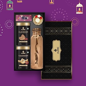 auric delightful diwali gift hamper  100 pure copper bottles with crunchy flavoured almonds and cashews in tin healthy snacks i gifting option for all occasion