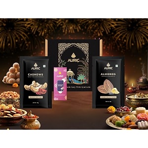 auric dry fruit indian cashews and california almonds with diya amp incense stick gift box ideal for diwali amp festive gifting hamper for corporate gifts family friends office clients occasion