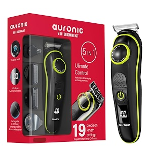 auronic 5 in 1 multifunctional grooming kit for men - body groomer with nose trimmer 2 beard combs 90min runtime 19 length settings