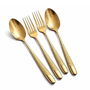 aurum gold spoon and fork set  4-piece premium stainless steel cutlery with textured handle  elegant flatware for dining gifting amp special occasions  rust resistant amp dishwasher safe