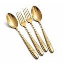 Aurum Gold Spoon and Fork Set – 4-Piece Premium Stainless Steel Cutlery with Textured Handle | Elegant Flatware for Dining, Gifting &amp; Special Occasions – Rust Resistant &amp; Dishwasher Safe