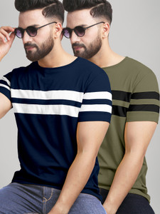 AUSK Colorblock Men Round Neck Navy Blue