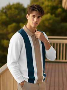AUSK Colorblock Men Zip Neck White Dark