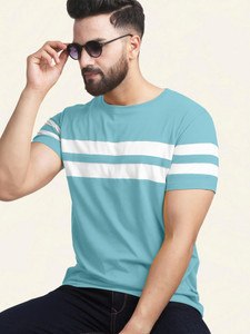 AUSK Striped Men Round Neck Light Blue