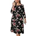 AusLook Women's Plus Midi Dresses Crew Neck A Line 3/4 Sleeves Casual Elegant Loose Wedding Vacation Dress with Pockets
