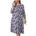 AusLook Women's Plus Midi Dresses Crew Neck A Line 3/4 Sleeves Casual Elegant Loose Wedding Vacation Dress with Pockets