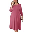 AusLook Women's Plus Midi Dresses Crew Neck A Line 3/4 Sleeves Casual Elegant Loose Wedding Vacation Dress with Pockets