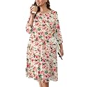 AusLook Women's Plus Midi Dresses Crew Neck A Line 3/4 Sleeves Casual Elegant Loose Wedding Vacation Dress with Pockets