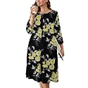 AusLook Women's Plus Midi Dresses Crew Neck A Line 3/4 Sleeves Casual Elegant Loose Wedding Vacation Dress with Pockets