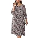 AusLook Women's Plus Midi Dresses Crew Neck A Line 3/4 Sleeves Casual Elegant Loose Wedding Vacation Dress with Pockets