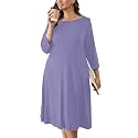 AusLook Women's Plus Midi Dresses Crew Neck A Line 3/4 Sleeves Casual Elegant Loose Wedding Vacation Dress with Pockets