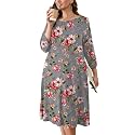AusLook Women's Plus Midi Dresses Crew Neck A Line 3/4 Sleeves Casual Elegant Loose Wedding Vacation Dress with Pockets