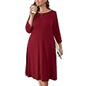 AusLook Women's Plus Midi Dresses Crew Neck A Line 3/4 Sleeves Casual Elegant Loose Wedding Vacation Dress with Pockets