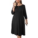 AusLook Women's Plus Midi Dresses Crew Neck A Line 3/4 Sleeves Casual Elegant Loose Wedding Vacation Dress with Pockets