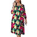 AusLook Women's Plus Midi Dresses Crew Neck A Line 3/4 Sleeves Casual Elegant Loose Wedding Vacation Dress with Pockets