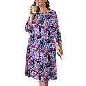 AusLook Women's Plus Midi Dresses Crew Neck A Line 3/4 Sleeves Casual Elegant Loose Wedding Vacation Dress with Pockets