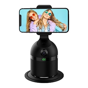 auto face tracking tripod phone holder 360rotation phone camera mount with gesture control built-in bluetooth speaker rechargeable battery no app required for vlog shooting live streaming black