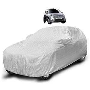 auto hub waterproof car cover compatible with hyundai i10 old model  2007-2013 with mirror pocket soft cotton lining waterproof i10 car cover- metallic silver