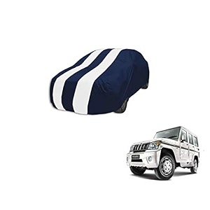 auto hub car cover compatible with mahindra bolero model  2005-2020 with mirror pocket weather proof triple stitched bolero car cover- navy-white
