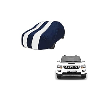 auto hub car cover compatible with mahindra scorpio model  2015-till date with mirror pocket weather proof triple stitched scorpio car cover- navy-white