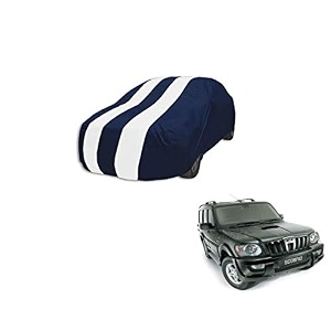 auto hub car cover compatible with mahindra scorpio old with mirror pocket weather proof triple stitched scorpio car cover- navy-white