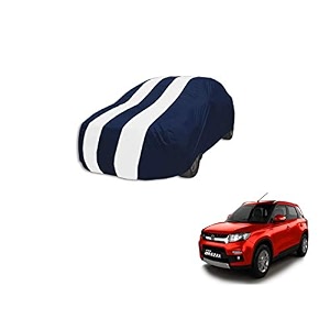 auto hub car cover compatible with maruti vitara brezza model  2015-2021 with mirror pocket weather proof triple stitched vitara brezza car cover- navy-white